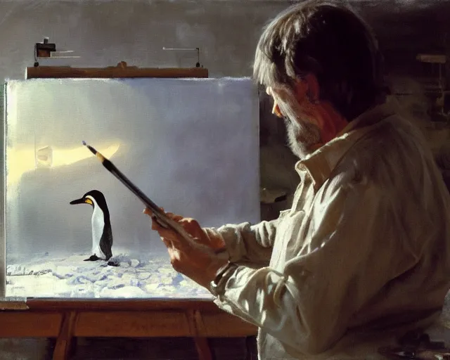 Image similar to an exhausted painter in his studio painting a picture of a penguin - key lighting, soft lights, foggy, by steve hanks, by lisa yuskavage, by serov valentin, by tarkovsky, 8 k render, detailed, oil on canvas