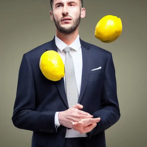 Image similar to a man wearing a suit lemon head