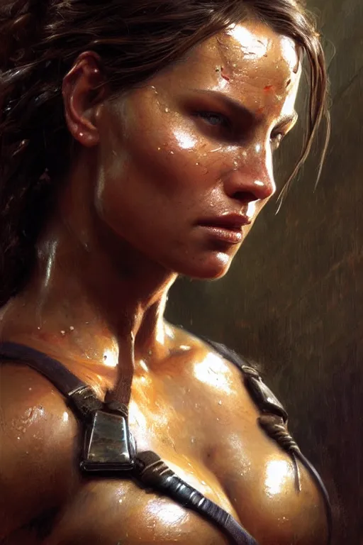 Prompt: muscular sweat lara croft, face close up, exhausted, highly detailed painting by gaston bussiere, craig mullins, j. c. leyendecker 8 k