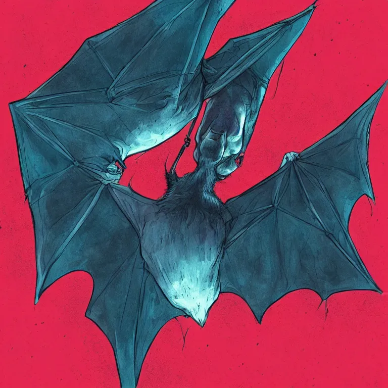 Image similar to a melancholic bat!!! hanging upside down from the ceiling, sad, psychedelic, beautiful composition, beautiful colors, artstation