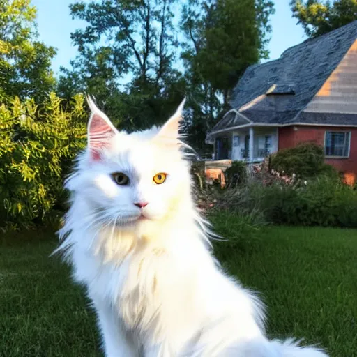 Prompt: a cute white fluffy maine coon cat sitting on the corner of a front yard outside in the late afternoon on a beautiful summer day, sunset