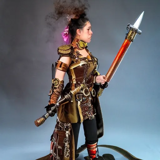 Prompt: full shot photo of a steampunk female warrior with flaming sword