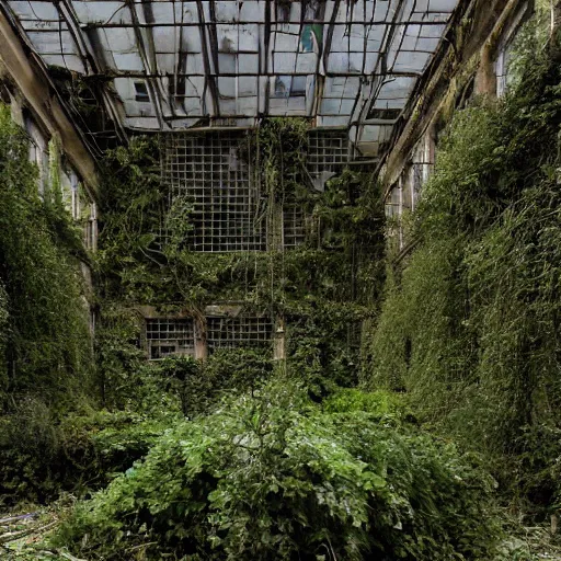 Image similar to an abandoned building, overgrown plants, dreamy, overcast, by hans bellmer