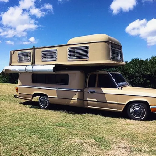 Image similar to “a 1971 beige mercedes 508d truck that has been converted into an rv with a raised roof”