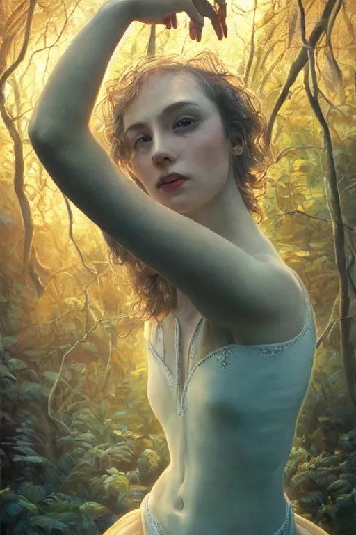 Prompt: stunningly beautiful, irish prima ballerina in jungle, symmetrical face, golden hour, smooth, focus, highly detailed, hyper realistic, dramatic lighting, elegant, intricate, concept art, art by wlop, mars ravelo, greg rutowski