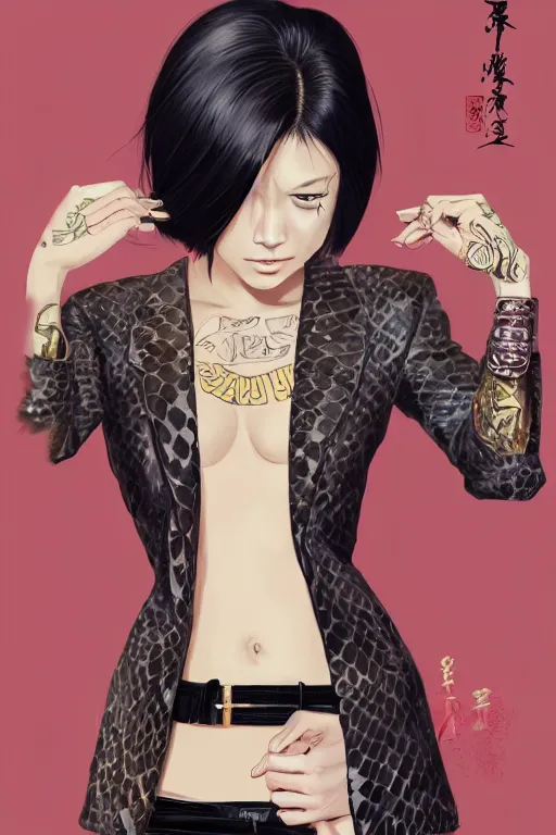 Image similar to yakuza slim girl, gold suit jacket in snake print, jacket over bare torso, yakuza tattoo on body, black short curtain haircut, black leather pants with black belt, portrait, elegant, 2d, ultra highly detailed, digital painting, smooth, sharp focus, artstation, art by Ilya Kuvshinov, rossdraws