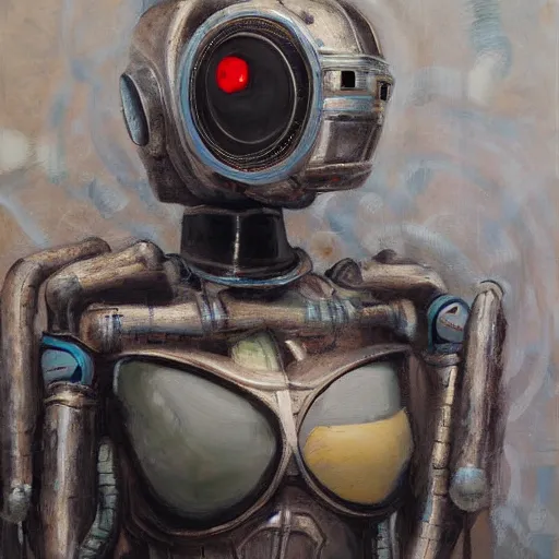 Image similar to robot woman, painting, detailed, dystopic