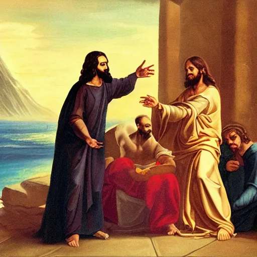 Prompt: painting of Jesus having a debate with Aphrodite
