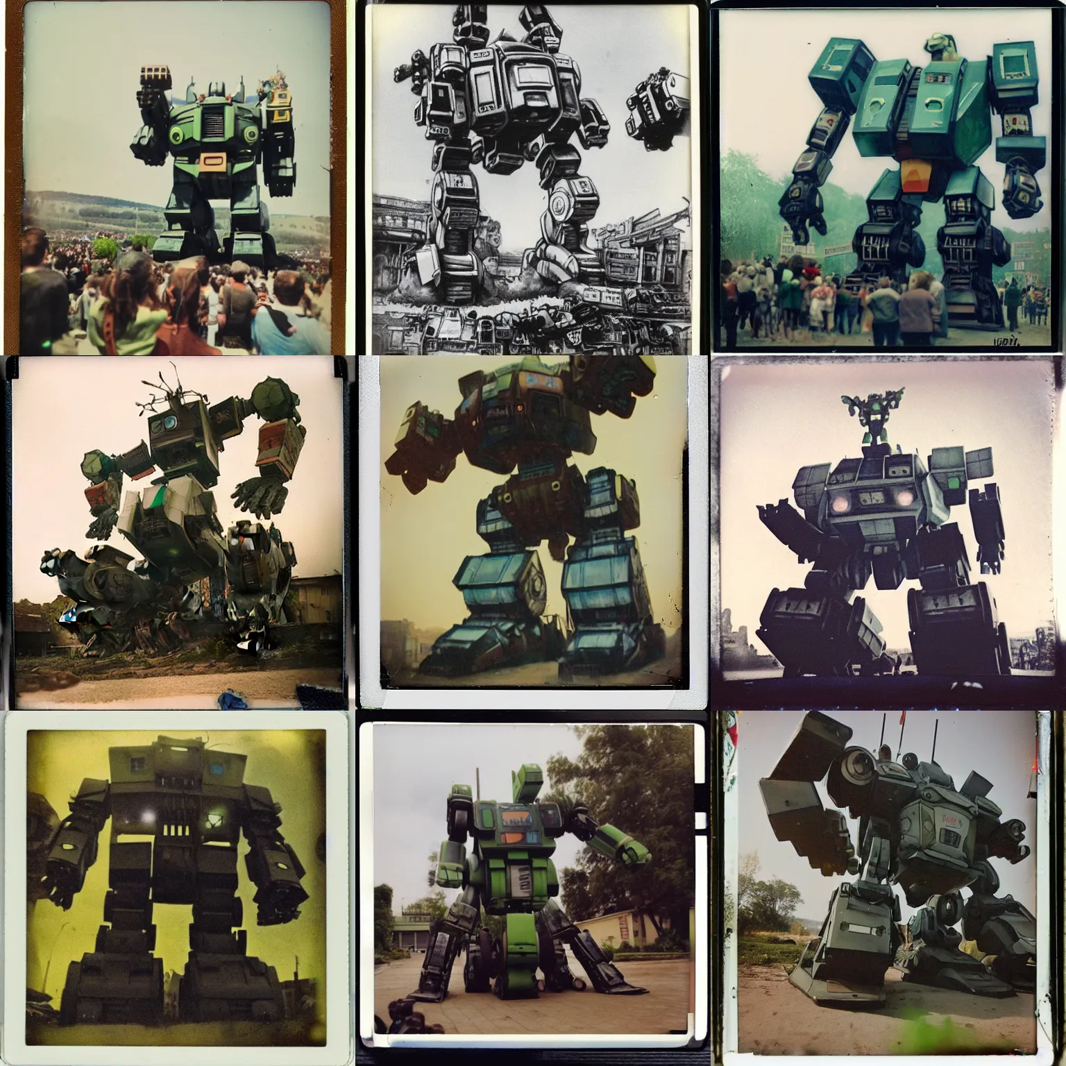 Prompt: lost dirty polaroid of giant oversized battle robot mech hulk on a crowded lilliput village