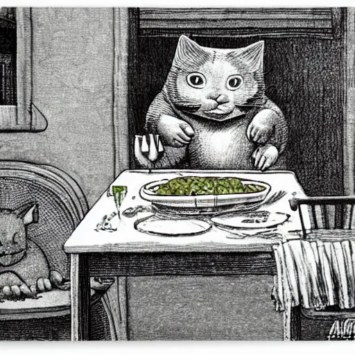 Image similar to fat orange cat on a table with lasagna by maurice sendak