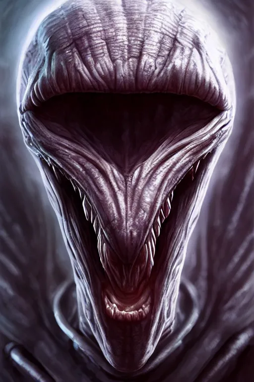 Image similar to Portrait of a Scary Alien, wide angle, super highly detailed, professional digital painting, artstation, concept art, smooth, sharp focus, no blur, no dof, extreme illustration, Unreal Engine 5, Photorealism, HD quality, 8k resolution, cinema 4d, 3D, beautiful, cinematic, art by artgerm and greg rutkowski and alphonse mucha and loish and WLOP