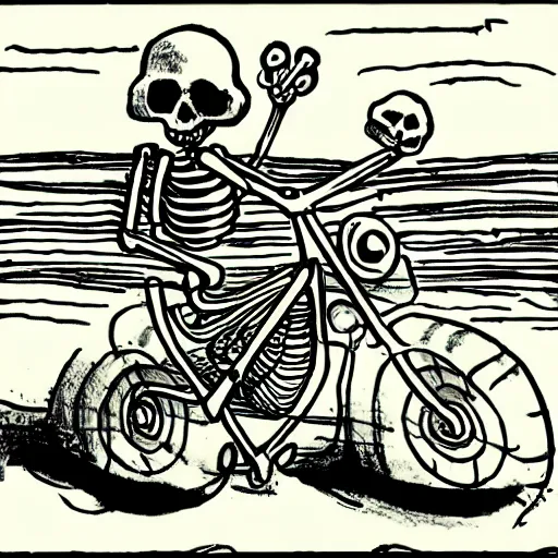 Prompt: a skeleton driving a motor cycle on venus, cartoon,