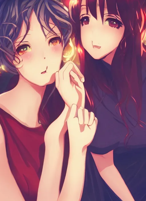 Image similar to two beautiful mothers sitting on a hot summer evening, gorgeous faces, thick lines, cinematic lighting, detailed anime art