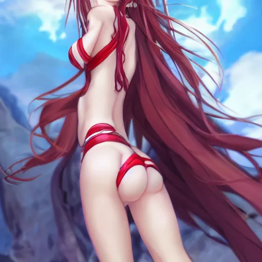 Image similar to a very beautiful mature yuuki asuna, full body, long wavy red hair, sky blue eyes, full round face, bikini, miniskirt, front view, mid - shot, cute pose, highly detailed, cinematic wallpaper by stanley artgerm lau