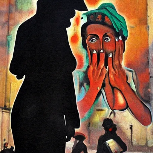 Image similar to This street art was painted in 1937 during the Guerra Civil Española. The woman in the street art is weeping. She is wearing a black dress and a black veil. Her face is distorted by grief. The street art is dark and somber. afrofuturism by Dora Maar, by Heywood Hardy loose, lively