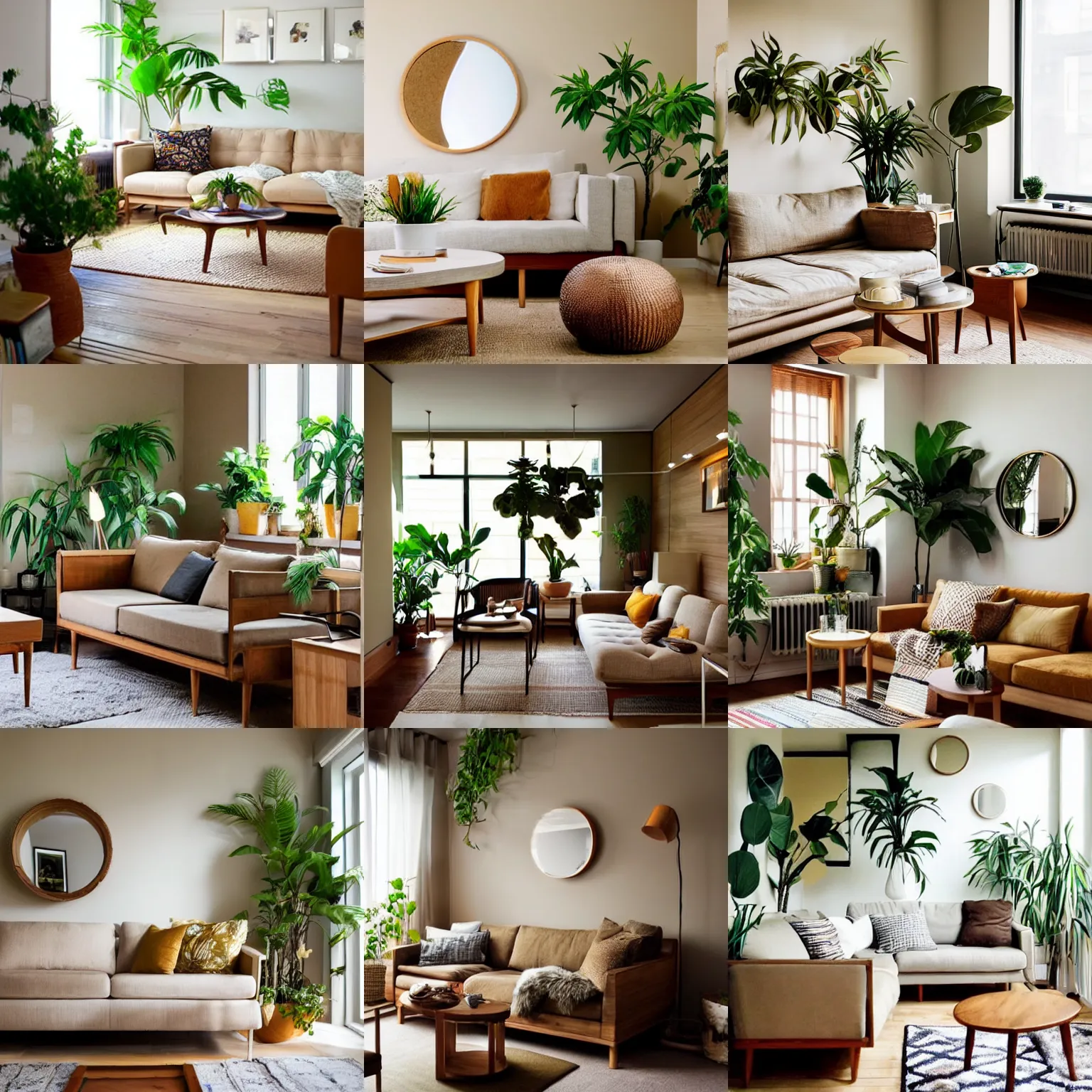Prompt: living room interior design, sand - colored walls, japandi, ikea, sunny, warm wood, urban jungle plants, round mirror on the wall, light - brown wall, mid - century sofa