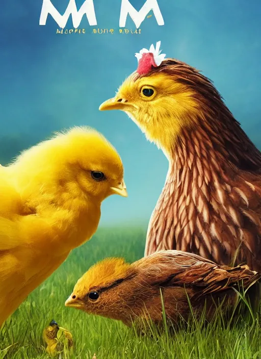 Image similar to a hen and her two cute small yellow chicks on a meadow, mama movie poster by nuri iyem, james gurney, james jean, greg rutkowski, anato finnstark. pixar. hyper detailed, 5 0 mm, award winning photography,
