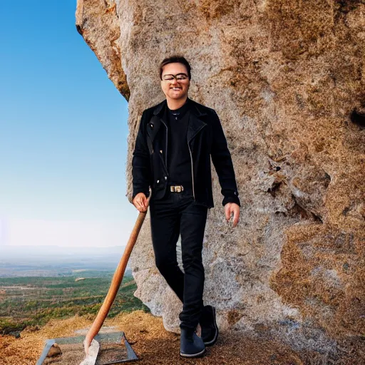 Prompt: A man wearing a black Jacket, white shirt, blue jeans and golden boots sits on a cliff holding an axe, XF IQ4, 150MP, 50mm, f/1.4, ISO 200, 1/160s, natural light, Adobe Photoshop, Adobe Lightroom, DxO Photolab, Corel PaintShop Pro, rule of thirds, symmetrical balance, depth layering, polarizing filter, Sense of Depth, AI enhanced