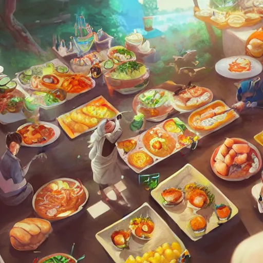 Prompt: artwork of a food feast, by rossdraws, matte painting, trending on artstation, gopro pov