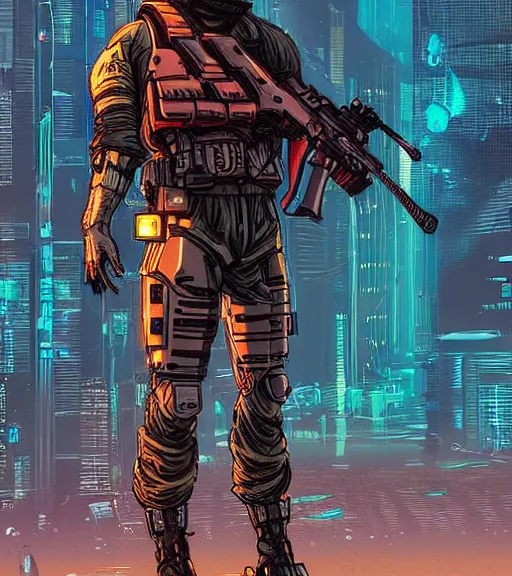 Image similar to a cyberpunk soldier with tactical gear and a rifle patrols a neon city on mars, Industrial Scifi, detailed illustration, character portrait, by Martin Grip and Moebius