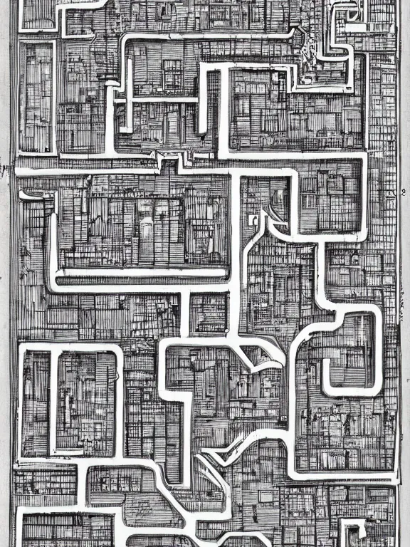 Prompt: A floor plan map illustration of a silent Hill city in labyrinth,by James Paick,Jane Newland，Peter Mohrbacher,peter gric,aaron horkey,Chris Ware,trending on pinterest,full of color,high detail,maximalist