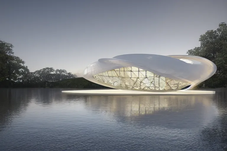 Image similar to a building formed by the cross combination and fusion of 2 0 white spherical and egg shaped spaces of different sizes, on the calm lake surface, people's perspective modern curved architecture, future, wood, marble, metal award winning, highly detailed 4 k art, dusk, unreal engine highly rendered, global illumination, radial light, internal environment by kazuyo sejima