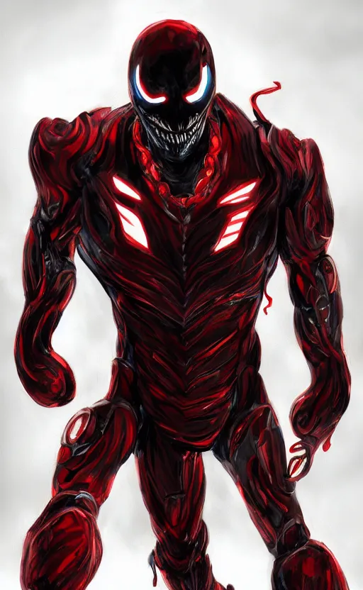 Image similar to venom in a venom inspired ironman suit, black and red, dynamic lighting, photorealistic fantasy concept art, trending on art station, stunning visuals, terrifying, creative, cinematic