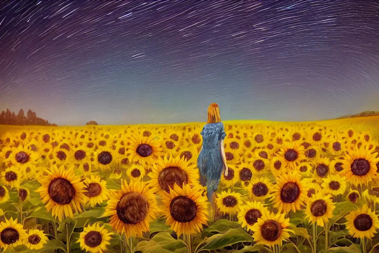 Image similar to giant sunflower as a head, girl walking in daisy field, hills, surreal photography, dark night, star trails, dramatic light, impressionist painting, clouds, digital painting, artstation, simon stalenhag