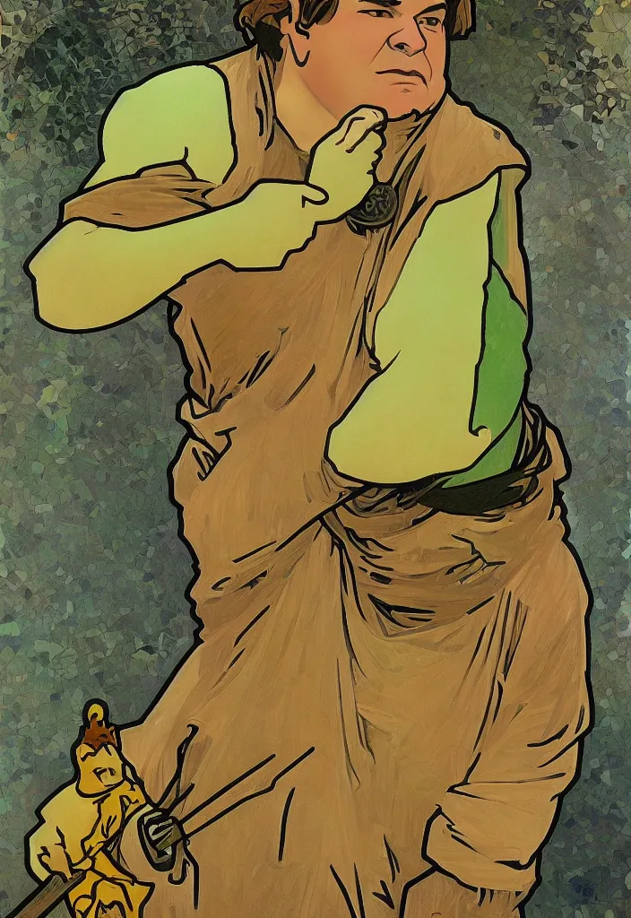 Image similar to yann lecun as shrek, in art style by alphonse mucha