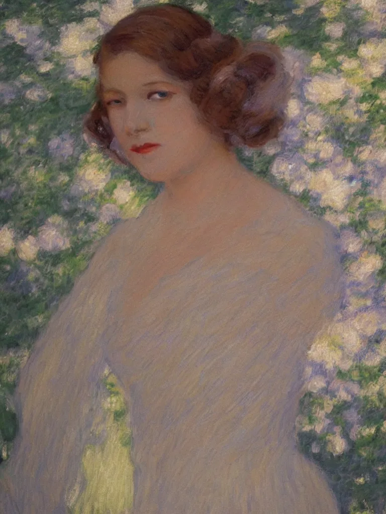 Image similar to portrait of < zelda fitzgerald > as a beautiful young lady wearing 1 9 2 0 s fashion, blurry face, fair, slim, fair, severe out of focus, depth of field, pleinairism, in the sun, backlit, closeup, oil on canvas, atr by monet, in the style of le promenade, smooth, impressionnisme, 8 k