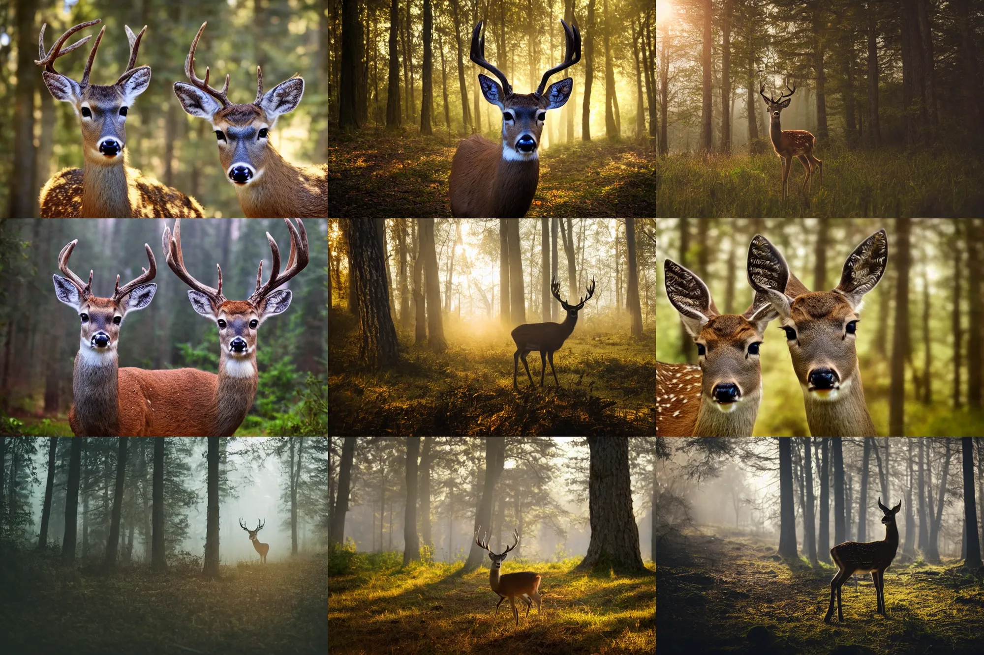 Prompt: deer portrait, facing camera, eyes are glowing, landscape, misty forest scene, sun through the trees