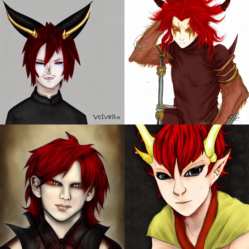 Prompt: a red haired boy with golden eyes and demon horns and a spiked tail. By Velinx