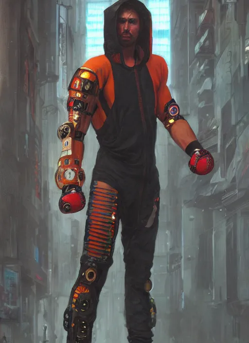 Image similar to cyberpunk olympic kickboxer with robotic arms wearing a jumpsuit ( blade runner 2 0 4 9, cyberpunk 2 0 7 7 character design ). orientalist portrait by john william waterhouse and james gurney and theodore ralli and nasreddine dinet, oil on canvas. cinematic, hyper realism, realistic proportions, dramatic lighting, high detail 4 k