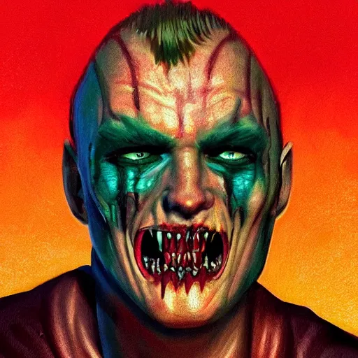 Prompt: Bright, colorful, realistic Serial killer rpg single individual headshot gore covered scream dramatic backlighting, kodachrome, high contrast, highly detailed, sharp focus, digital painting, concept art, illustration, trending on artstation, comic book by Alex Ross cover art