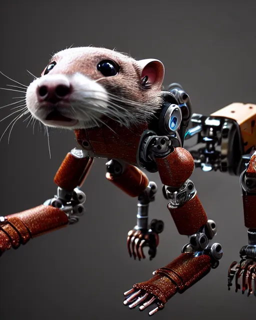 Image similar to intricate mechanical ferret robot creature, mechanical ferret head, mechanical animal body, artstation trending, octane render, robot animal, insanely detailed