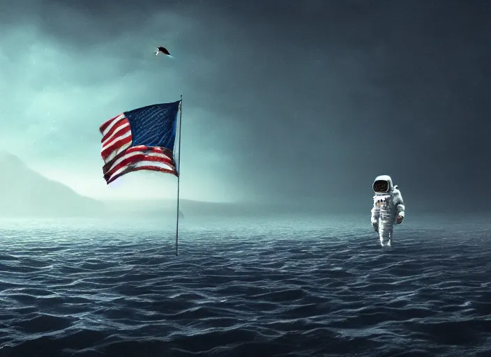 Image similar to astronaut holding a flag in an underwater desert. a submarine is visible in the distance. dark, concept art, cinematic, dramatic, atmospheric, 8 k, trending on artstation, blue, fish, low visibility, fog, ocean floor, christopher nolan, interstellar