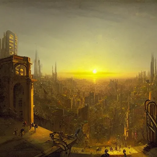 Prompt: vista of a city at sunset, the city is a sprawling renaissance city that is built amidst brutalist cyclopean tombs and overgrown by the rainforest, rpg, hubert robert, cityscape, vista, dying earth, gene wolfe