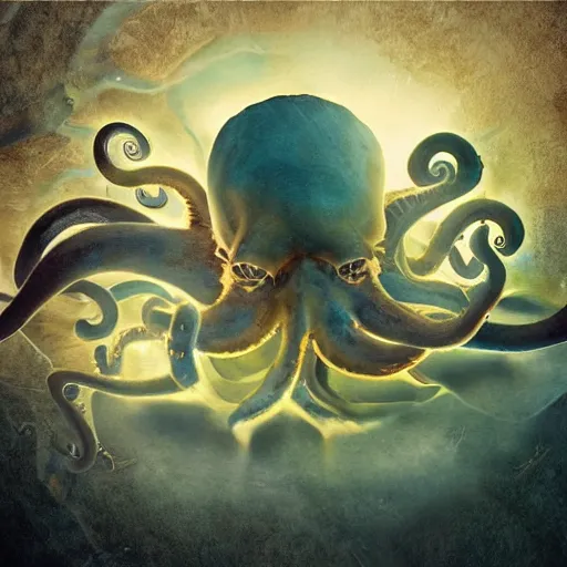 Prompt: octopus made out of evil skull with horns, beautiful underwater nature photograph with dynamic lighting and murky water