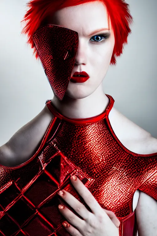 Image similar to very shy demonic top model, red hair, wearing louis vuitton armor, luxury materials, symmetrical, cinematic, elegant, professional studio light, real dlsr photography, sharp focus, 4 k, ultra hd, sense of awe, high fashion