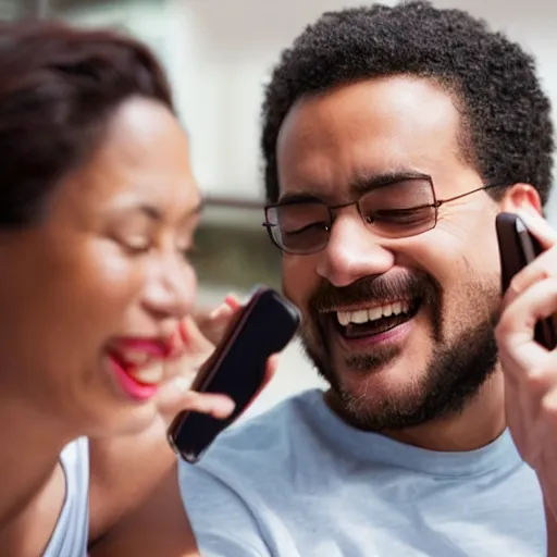 Prompt: man chuckling at his smartphone, woman sighing with frustration