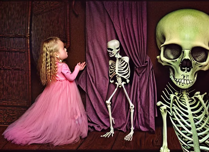 Prompt: realistic detailed photo rendered in octane 3d , of a fully dressed little girl in a pink dress kissing a skeleton in an old creepy haunted house, by Francis Bacon, by Ivan Bilibin, by Alex Grey, by Austin Osman Spare., by Ayami Kojima, Amano, Karol Bak, Greg Hildebrandt, and Mark Brooks , rich deep colors. Beksinski painting, art by Takato Yamamoto. masterpiece. rendered in blender, ultra realistic, smooth shading, ultra detailed, high resolution, cinematic, unreal 6