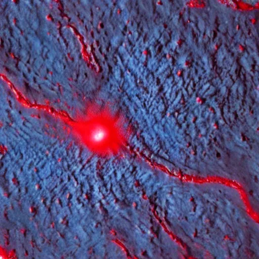 Image similar to a picture of an alien planet, taken from orbit, dark blue planet, red narrow lava rivers, center of the frame