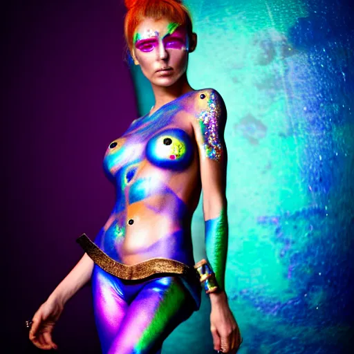 Image similar to a pirate, she is wearing iridescent bodypaint and futuristic space clothes