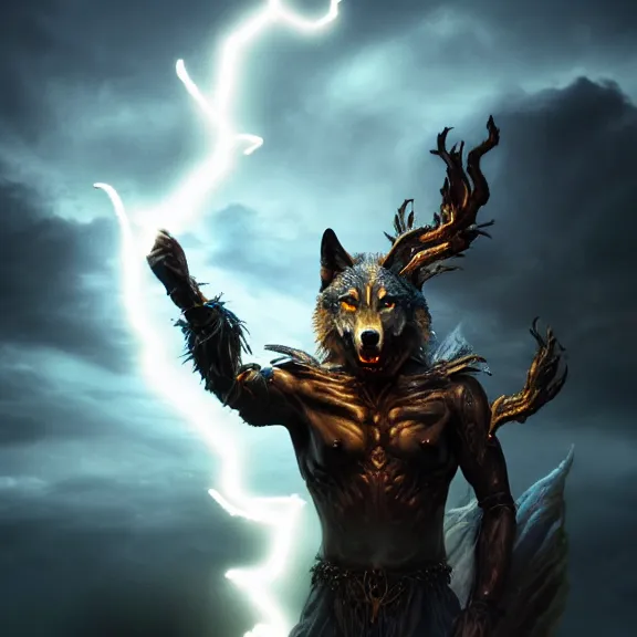 Prompt: magic humanoid strong wolf sorcerer casting a powerful arcane magic spell, fire, ice, lightning, fantasy, occult, mystical, majestic pose, dramatic lighting, cinematic scene, frank frazetta, visually stunning, sharp focus, highly detailed, colorful, trending on artstation, unreal engine, octane render, cgsociety, artgerm, award - winning