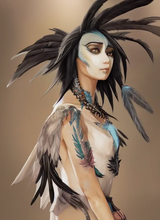 Image similar to concept art painting of a harpy bird human hybrid with black feathers, androgynous, pirate clothes, detailed, realistic, cel shaded, in the style of makoto shinkai and james gurney and alphonse mucha and greg rutkowski and artgerm