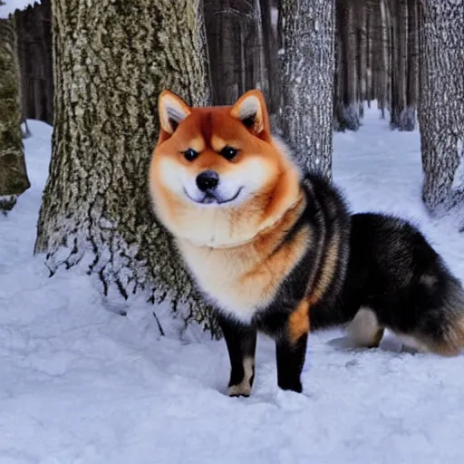 Image similar to crossbreed of a shiba inu and a norwegian forest cat, photo