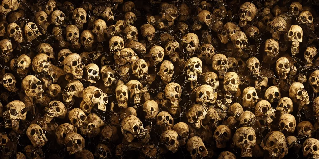 Image similar to a highly detailed realistic photographic render of swarm of corpses worshipping a skull with crown of thorns made of gold in the style of billelis, billelis , creepy, cinematic lighting, cinematic scene, Volumetric lighting, Atmospheric scene, Dark, Horror, Atmospheric lighting, Global illumination, realistic, photo realism, hyper realistic, hyper realism, photo realisitc, cinematic render, film, beautifully lit, ray traced, octane 3D render, octane render, unreal engine
