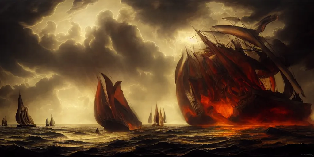 Image similar to Odysseus's ship sailing past the gates of Hell, by Rolf Armstrong and Evelyn De Morgan and Bastien Lecouffe-Deharme, dramatic lighting, high contrast colors, baroque, empyrean, panoramic view, as trending on Artstation, highly detailed, doom engine,