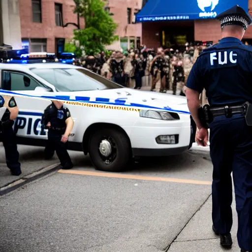 Prompt: fbi director Christopher wray getting arrested by police agents, photo 85mm, f/1.3