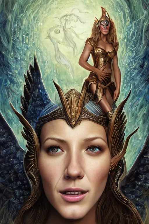 Prompt: A fantasy book style portrait painting of a hybrid, Cory Chase, Anya_Taylor-Joy, Blake Lively, as a Mystical Valkyrie, Anubis-Reptilian, Atlantean Warrior, intense, soul penetrating flaming aqua eyes, François Boucher, Oil Painting, Crisp clear resolution, unreal 5, DAZ, hyperrealistic, octane render, Regal, Refined, Detailed Digital Art, RPG portrait, William-Adolphe Bouguereau, Michael Cheval, Walt Disney (1937), Steampunk, hyperdetailed, artstation, cgsociety, Volumetric Golden dappled dynamic lighting, Highly Detailed, Cinematic Lighting, Unreal Engine, 8k, HD